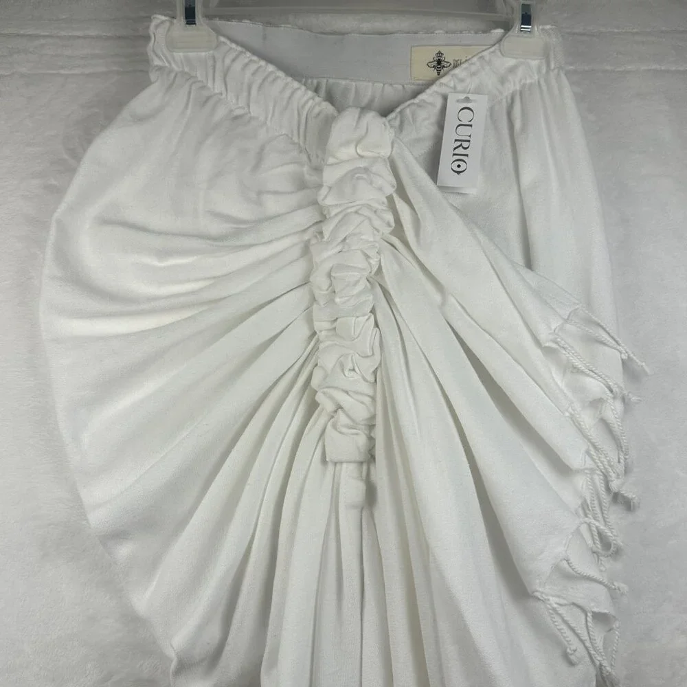 Just Bee Queen Tulum White Madi Ruched Wrap Skirt With Fringe Sz M Boho Resort - Picture 13 of 15